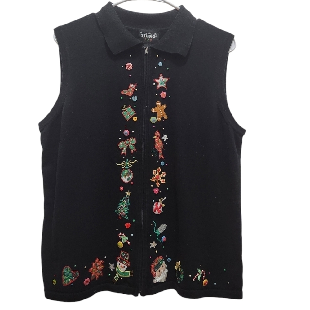 Vintage Christmas Zip-Up Vest Size L Black with Embellished Details Grandmacore - Picture 1 of 7
